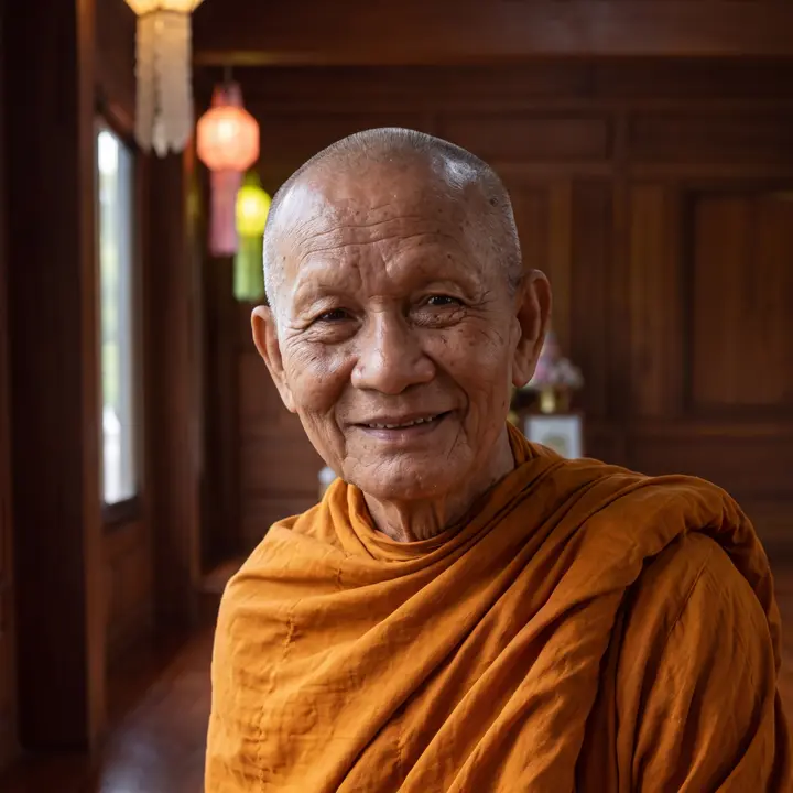 Ajahn Sombat smiling in the wooden hall of his monastery