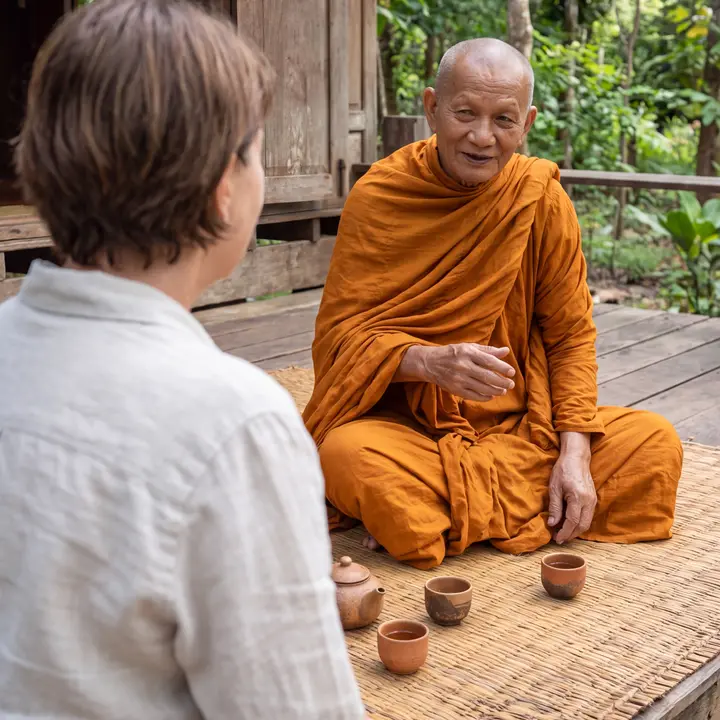 Ajahn Sombat sharing tea with a visitor on the platform outside his hut
