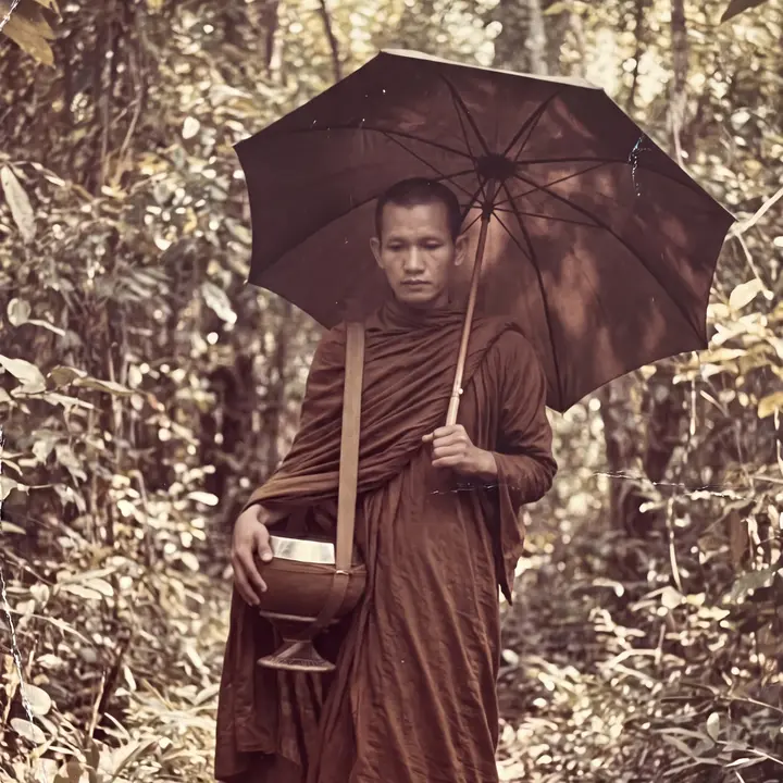 The young Sombat as a wandering monk in the forest, with his alms bowl and umbrella