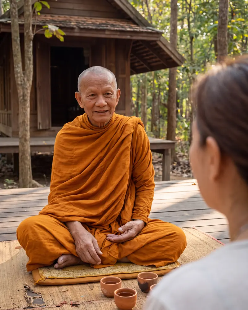 Ajahn Sombat seated with a visitor on the platform of his monastery