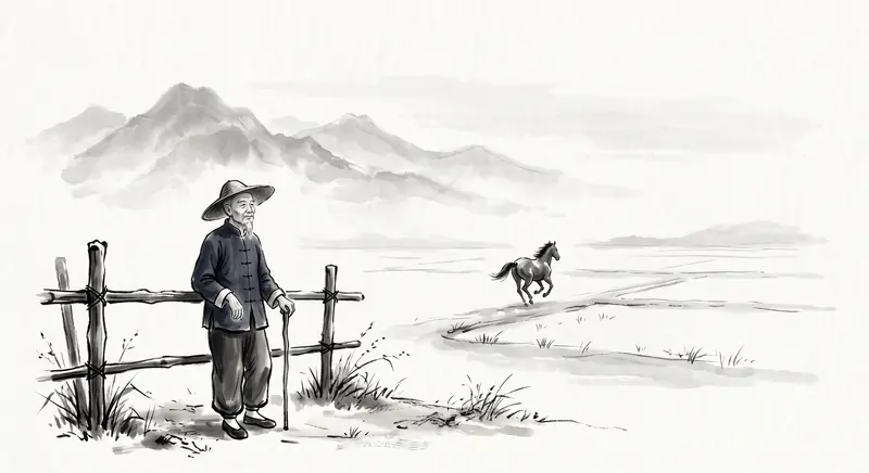 Ink-wash illustration of a farmer and his horse